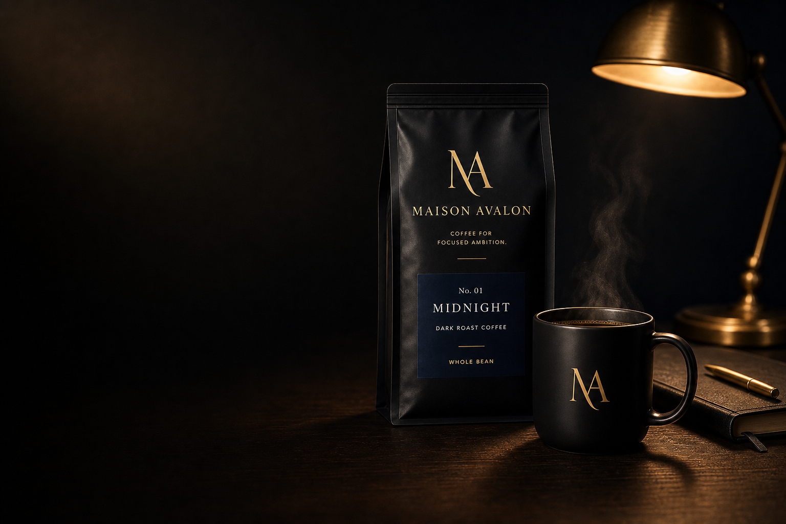 Maison Avalon No. 01 Midnight on a dark walnut desk with branded mug, leather notebook, and brass lamp