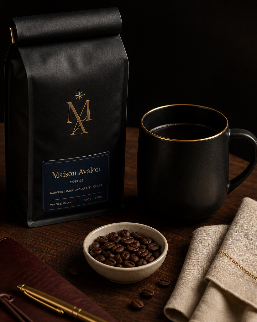 A composed Maison Avalon ritual: matte-black coffee bag with the gold MA mark, brass tamper, oxblood notebook, porcelain bowl of whole beans, and a black mug with a gold rim on a dark walnut tabletop.